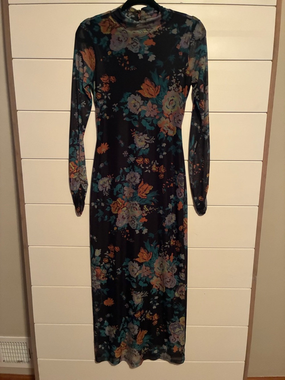 ANTHROPOLOGIE Stretchy Mesh Floral Mock-neck Bodycon Maxi Dress sz XS Cocktail - Picture 8 of 11